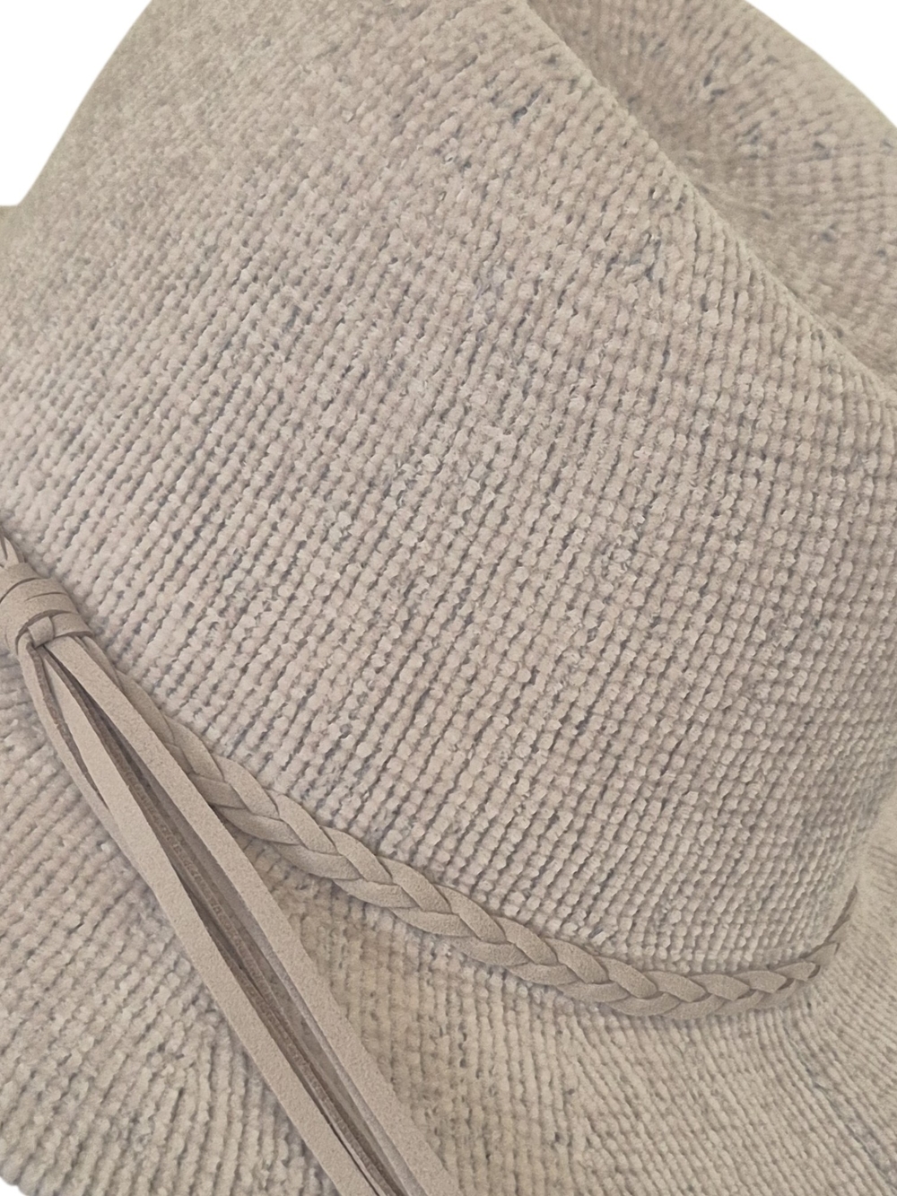 Soft Chenille Fedora Hat Beige Braided Tassel Band Boho Western OS Cottagecore - Picture 4 of 7